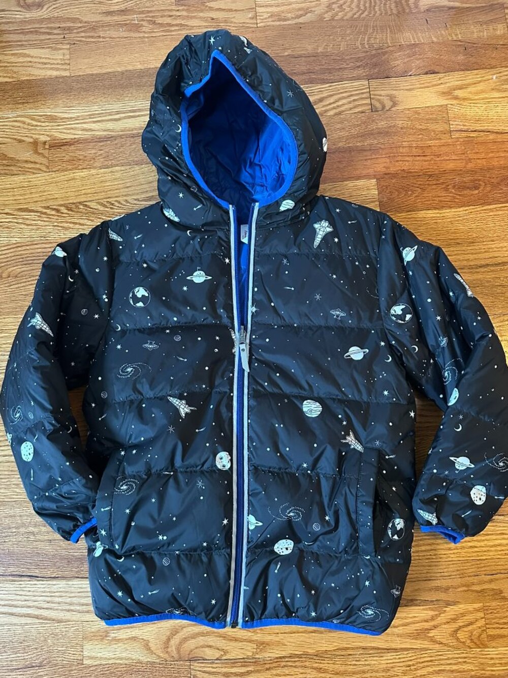 Hanna Andersson - Kids Reversible Puffer Jacket - Black Space/Blue - Size 140